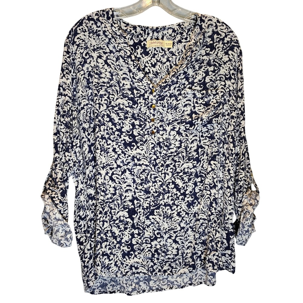Faded Glory Womens XL Arctic White Blue Damask Rayon Roll Tab Casual Chic Tunic